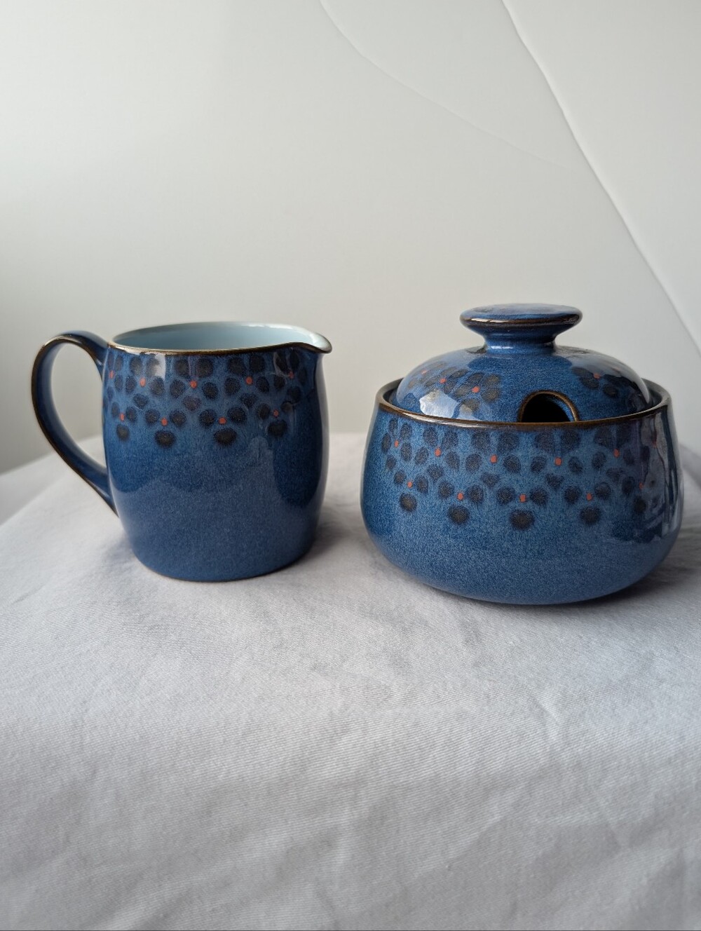 Denby England Midnight Blue Ceramic Sugar Bowl and Creamer Set - Discontinued